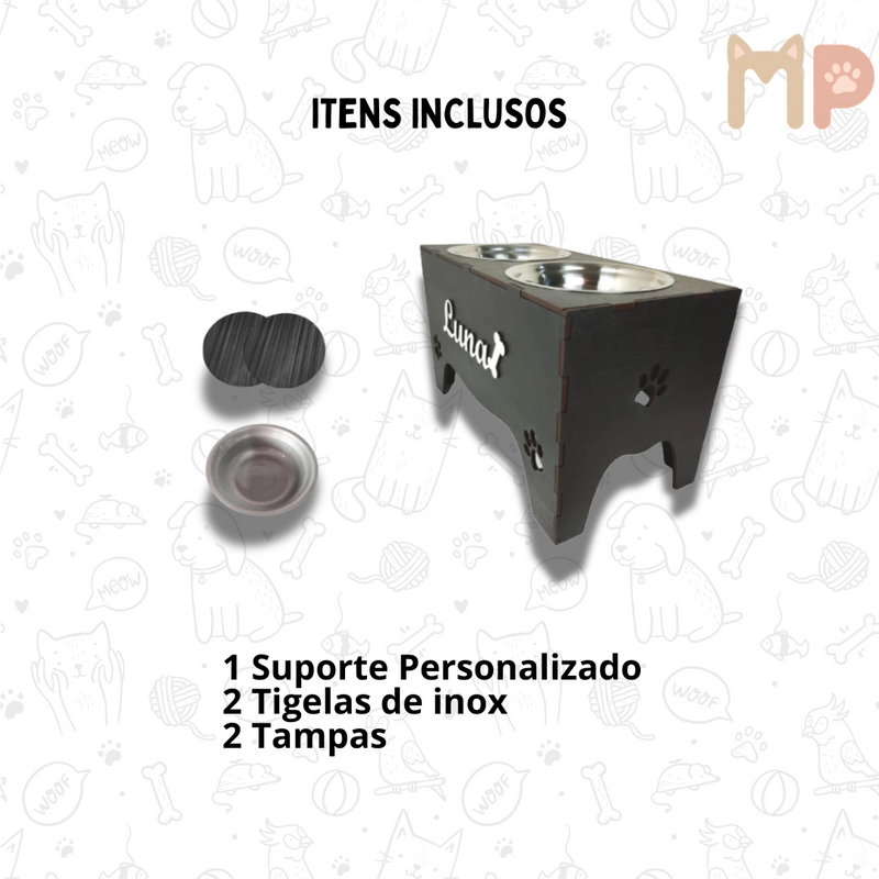 Comedouro Pet Elevado Duplo G com Tigelas Inox 1.200ml e Tampas – Ideal para Cães e Gatos de Médio e Grande Porte