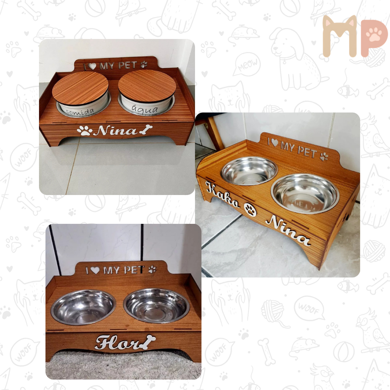 Comedouro Personalizado Premium com Tigelas Inox e Tampas – Conforto e Estilo para Seu Pet
