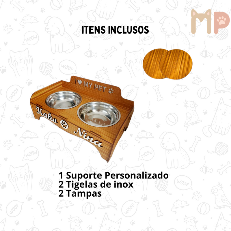 Comedouro Personalizado Premium com Tigelas Inox e Tampas – Conforto e Estilo para Seu Pet