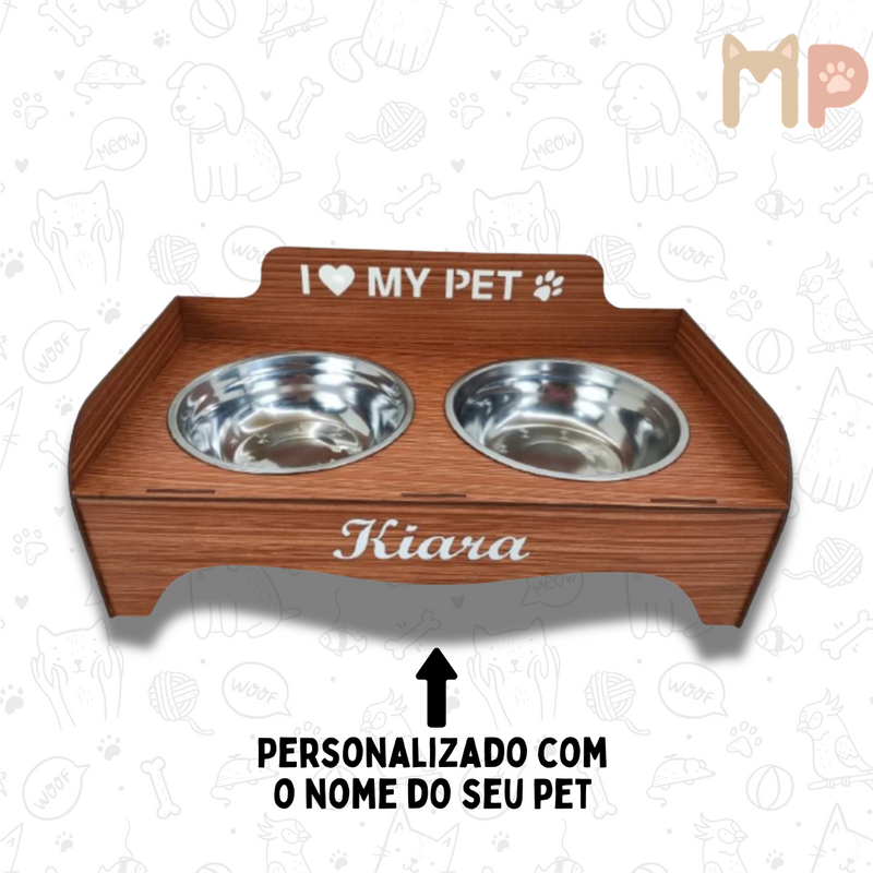 Comedouro Personalizado Premium com Tigelas Inox e Tampas – Conforto e Estilo para Seu Pet