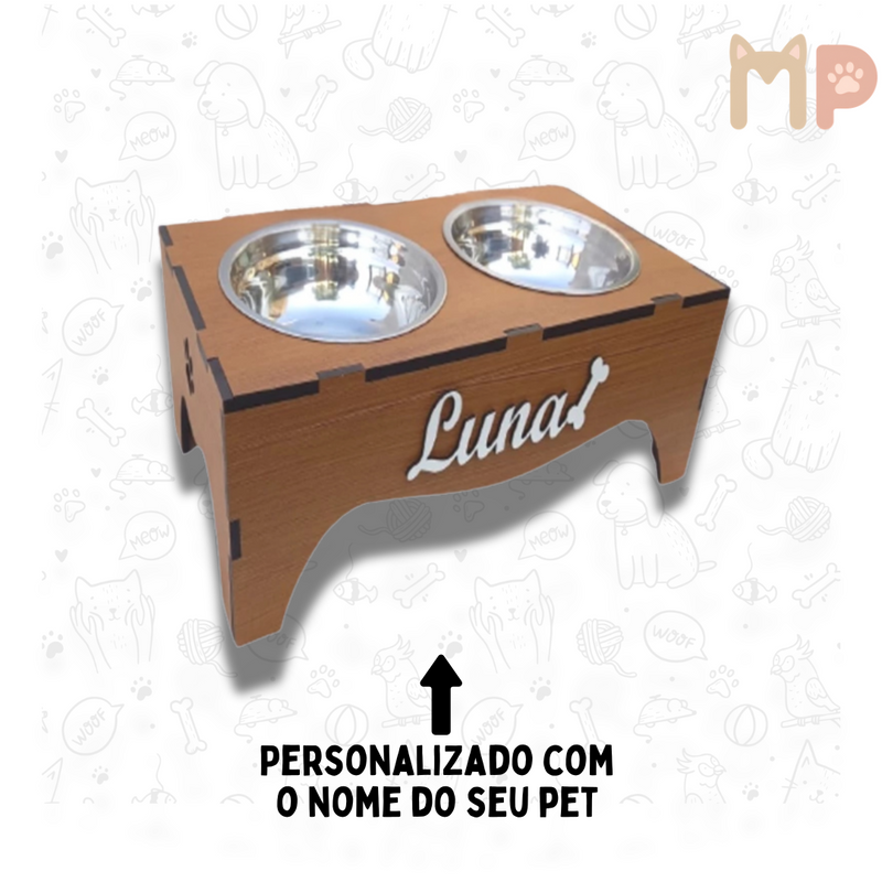 Comedouro Pet Elevado Duplo G com Tigelas Inox 1.200ml e Tampas – Ideal para Cães e Gatos de Médio e Grande Porte